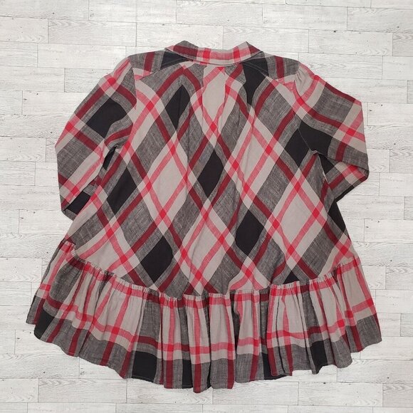 Free People Plaid Hi Lo Tunic Top Ruffle Back Hem Cotton Boho Hippie Size XS - Picture 7 of 12